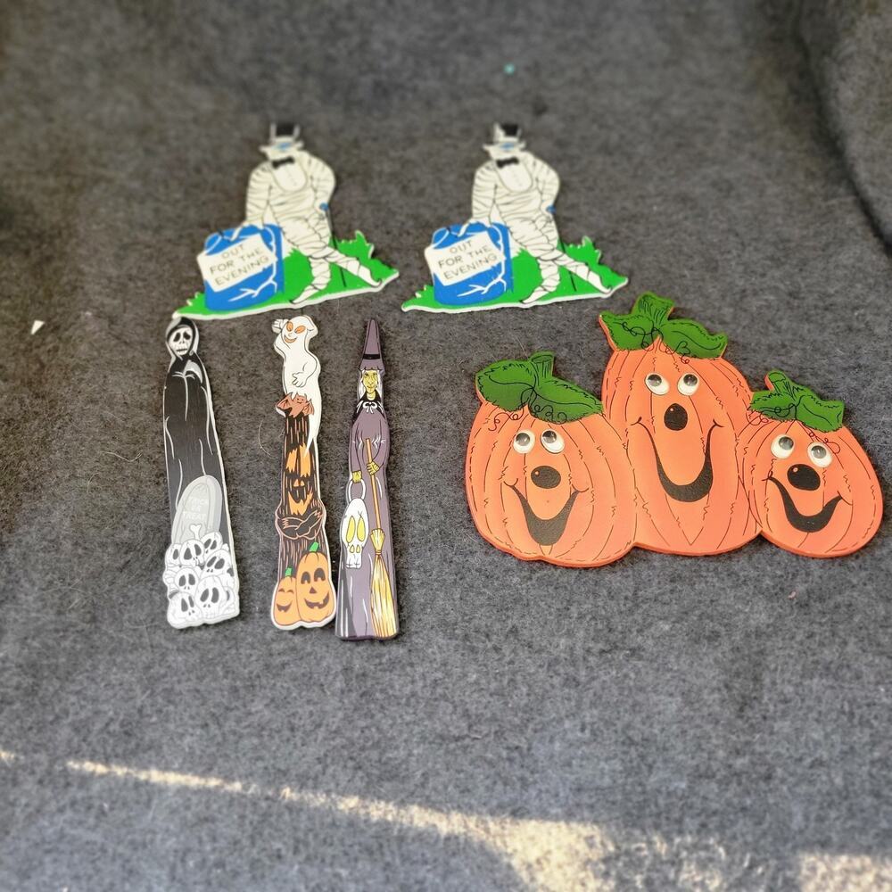 6 Vintage 1994 Fall Autumn‎ Harvest Wooden Decor Pumpkin Patch, Witch,Skeletons